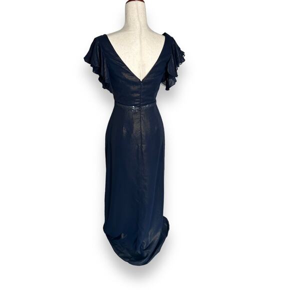 NEW Nordstrom Blue Gold Shimmer Gown Size 2 Flutter Sleeve Ruffle Metallic Dress - Picture 8 of 12